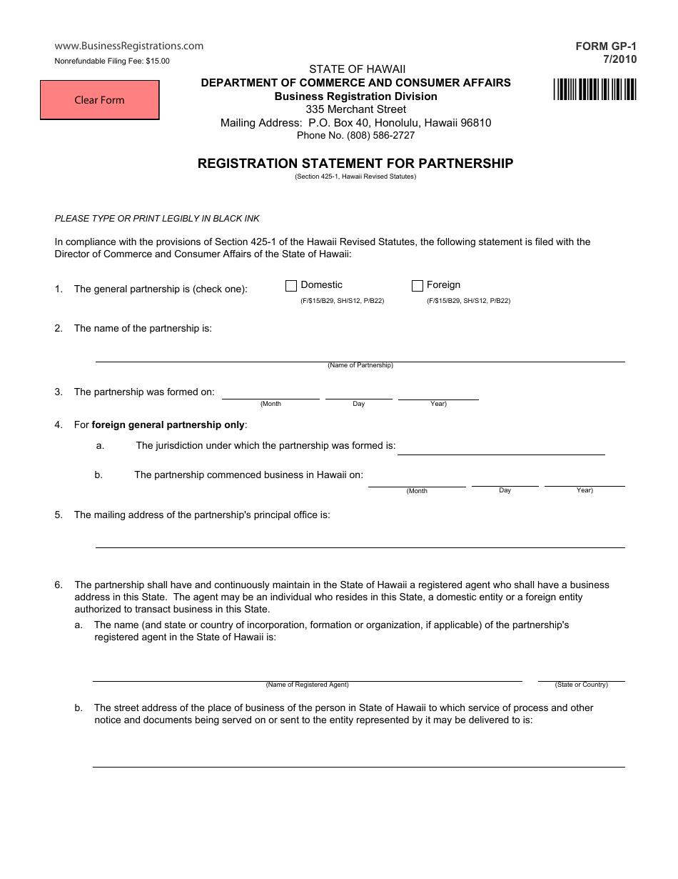 Form GP-1 Registration Statement for Partnership - Hawaii, Page 1
