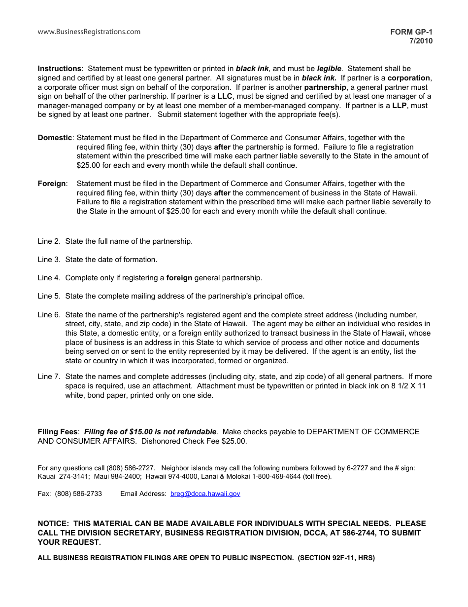 Form GP-1 Registration Statement for Partnership - Hawaii, Page 3