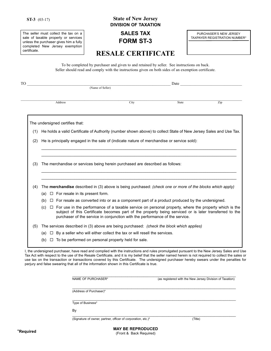 Form ST-3 Resale Certificate - New Jersey, Page 1