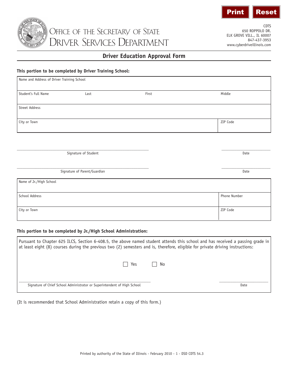 Form DSD CDTS54 Driver Education Approval Form - Illinois, Page 1