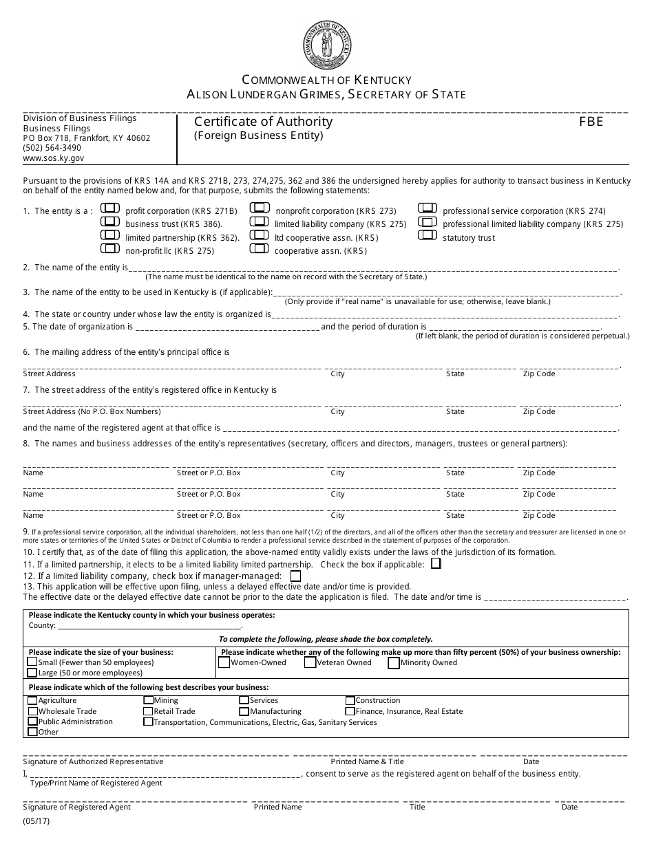 Application Form for Certificate of Authority for a Foreign Business Entity - Kentucky, Page 1