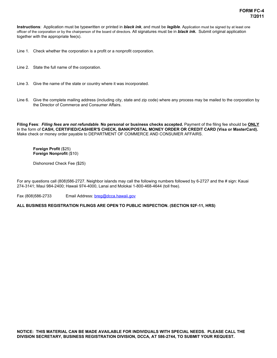 Form FC-4 Application for Withdrawal, Foreign Corporation - Hawaii, Page 3