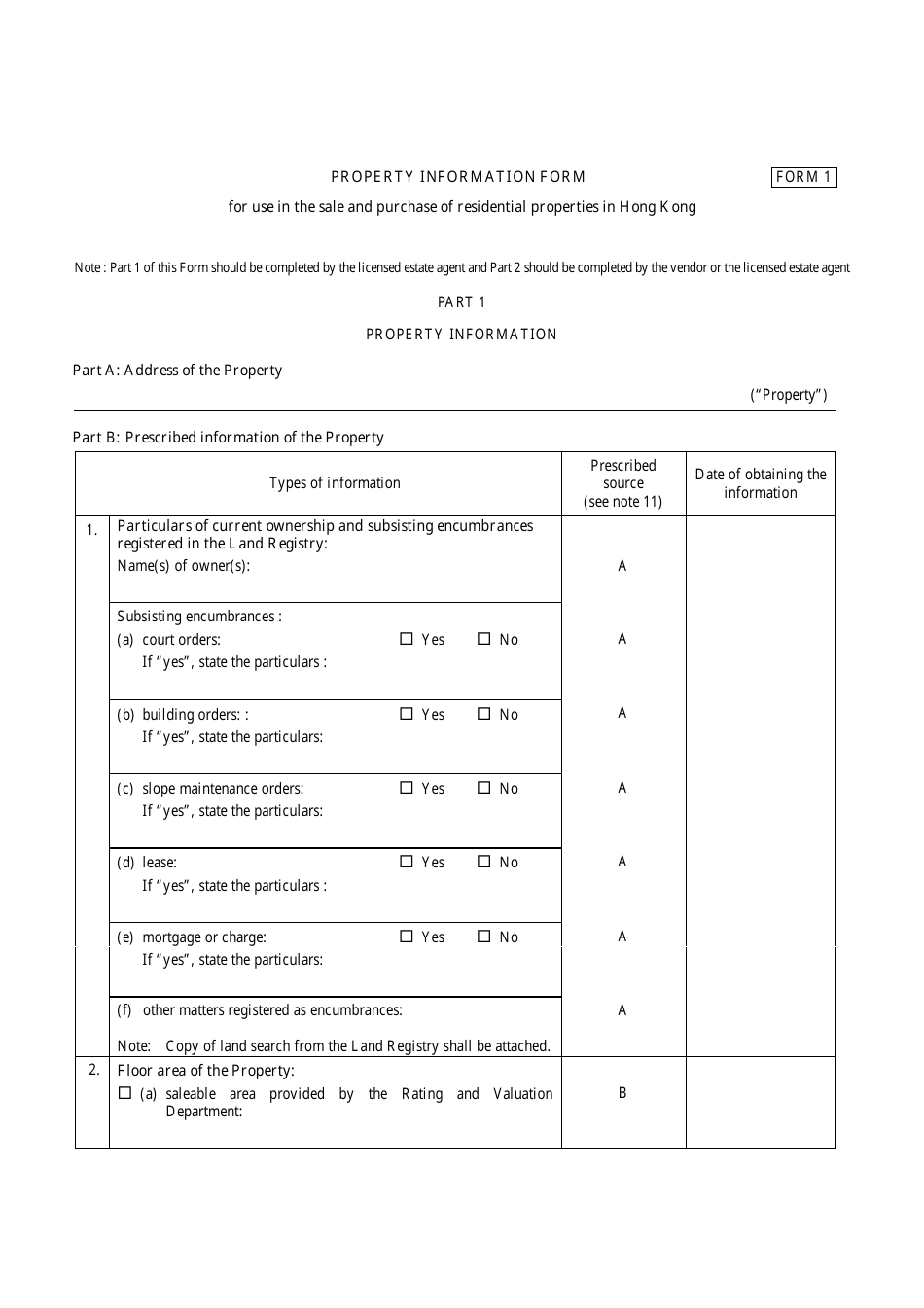 Property Information Form - Hong Kong, Page 1