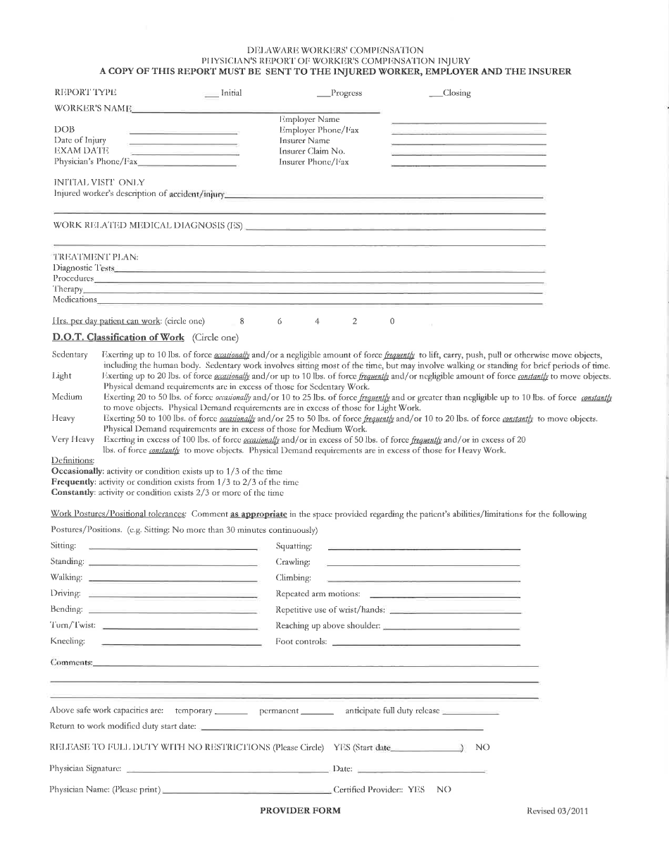 Physicians Report of Workers Compensation Injury - Delaware, Page 2
