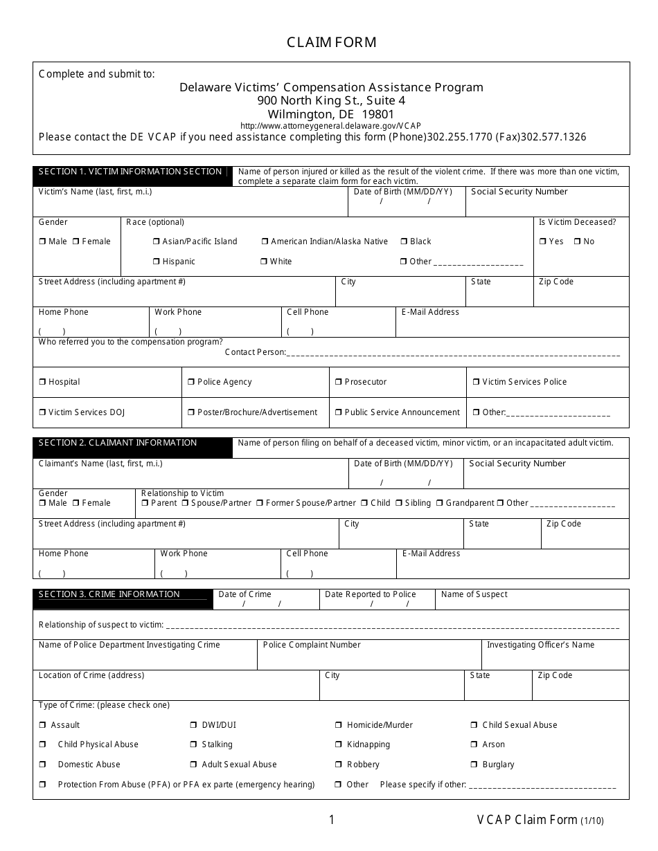 Victim Compensation Application - Delaware, Page 1