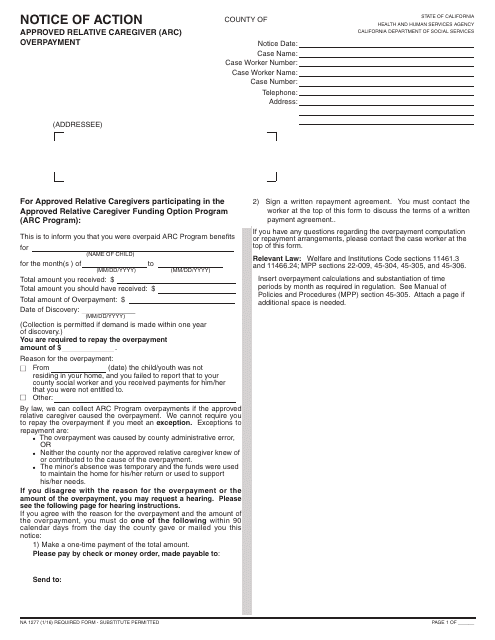 Form NA1277 Notice of Action - Approved Relative Caregiver (ARC) Overpayment - California