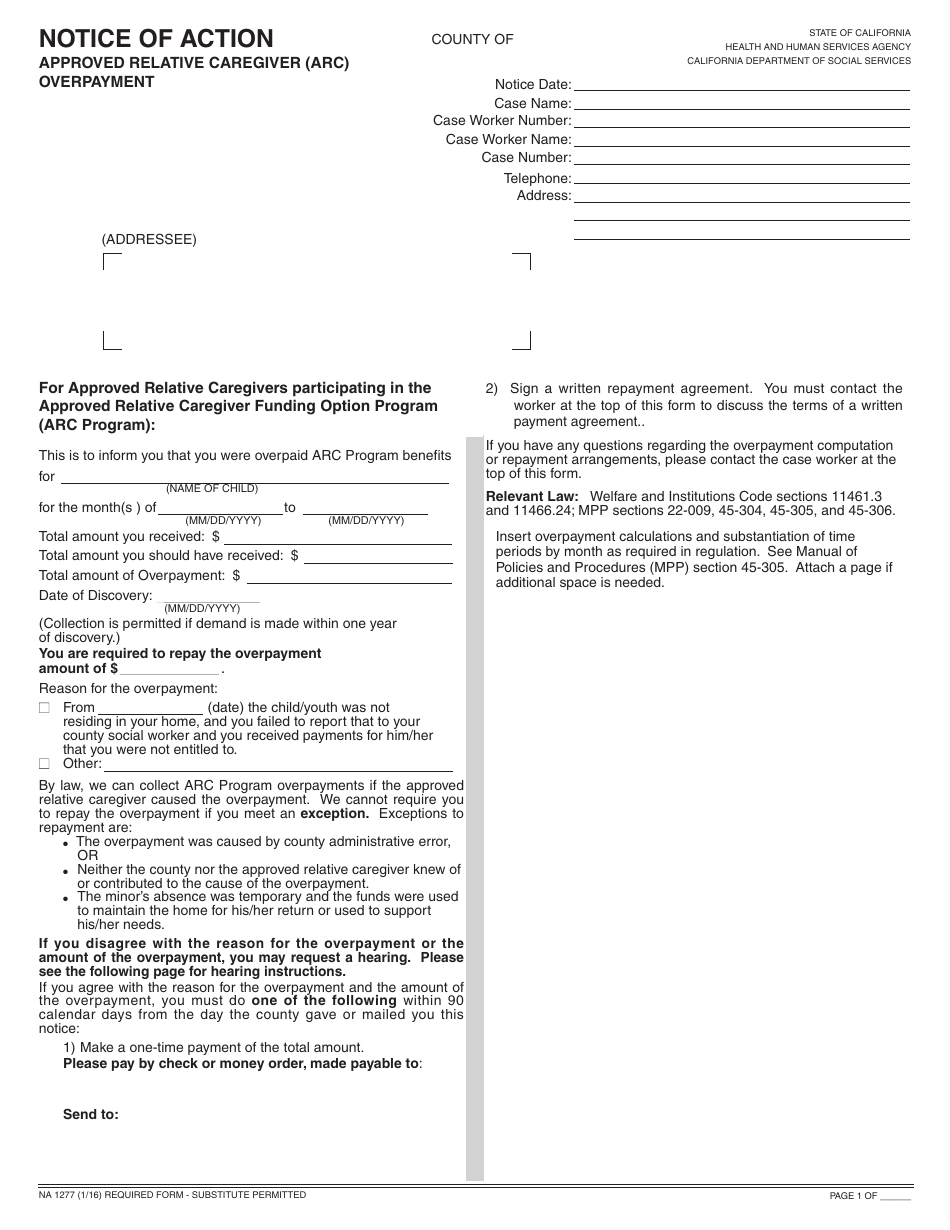 Form NA1277 Notice of Action - Approved Relative Caregiver (ARC) Overpayment - California, Page 1