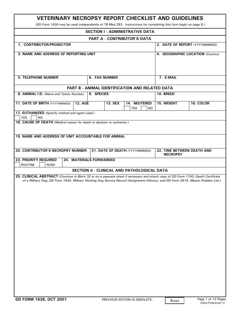 DD Form 1626 Veterinary Necropsy Report Checklist and Guidelines, Page 1