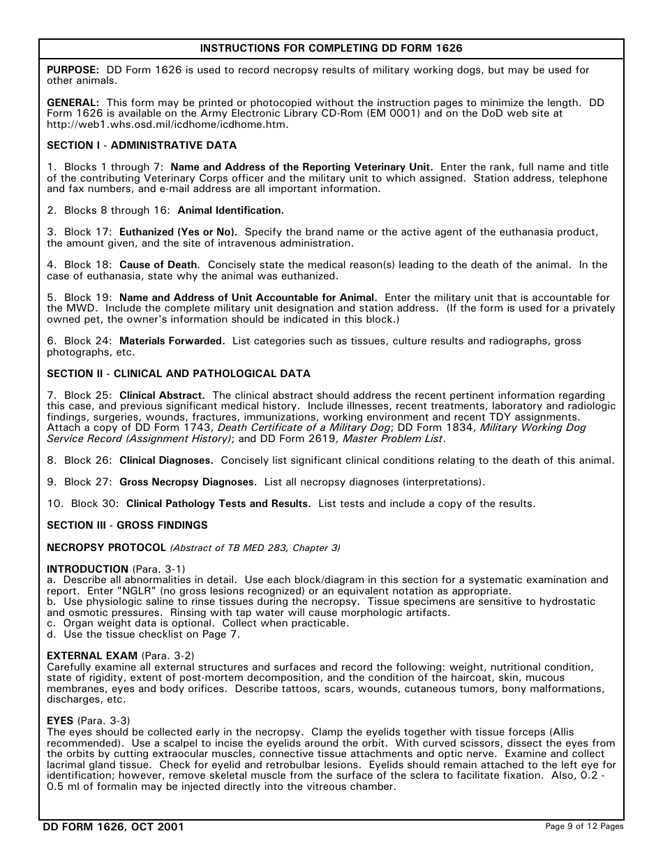 DD Form 1626 Veterinary Necropsy Report Checklist and Guidelines, Page 9