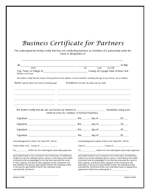 Business Certificate for Partners - Cayuga County, New York Download Pdf