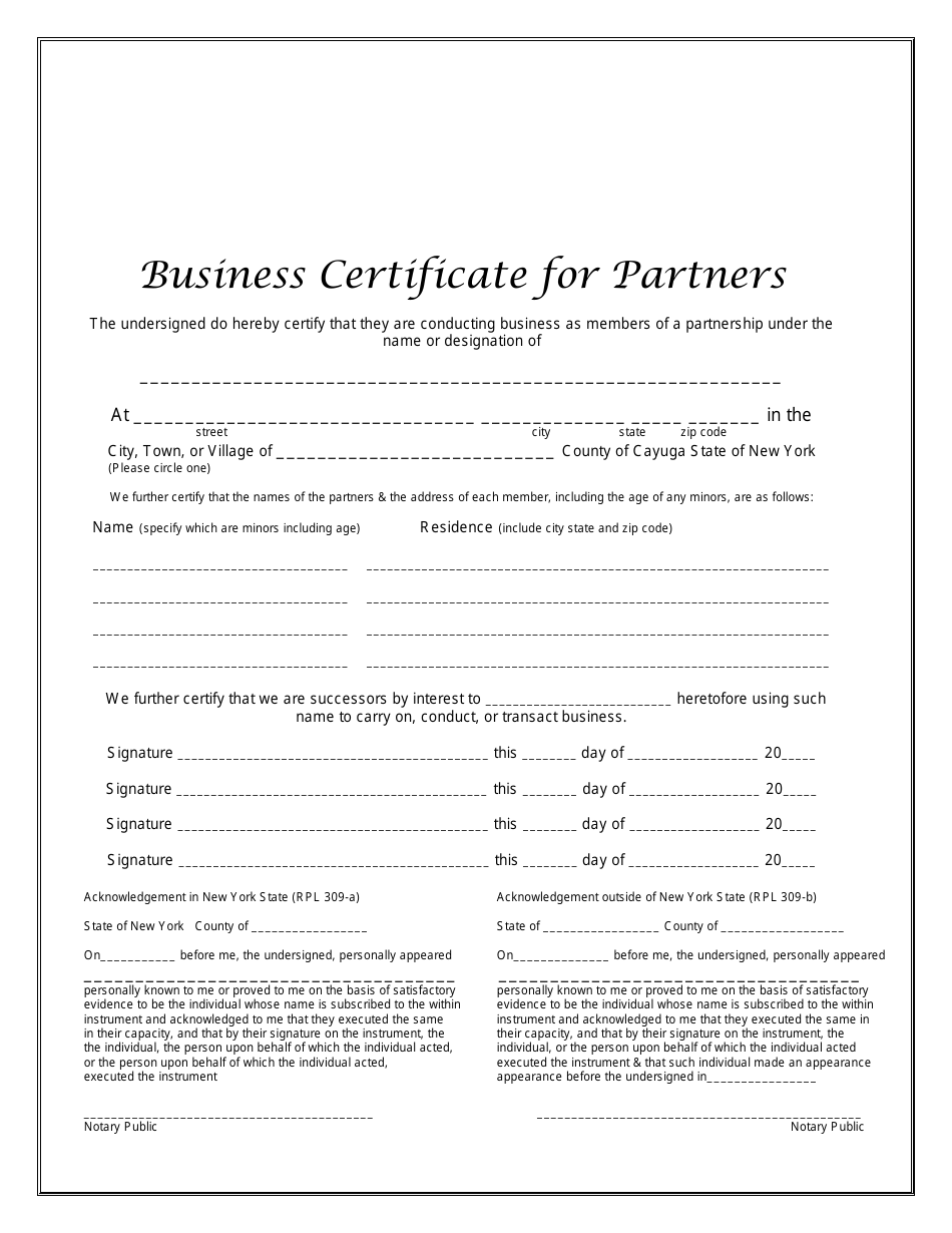 Business Certificate for Partners - Cayuga County, New York, Page 1
