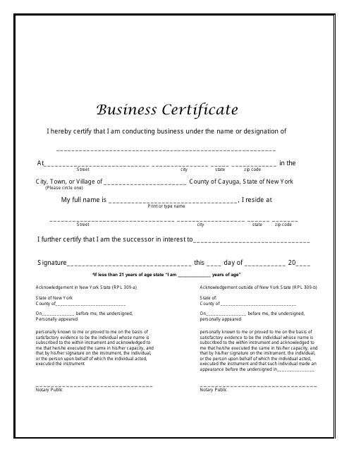 Business Certificate - Cayuga County, New York Download Pdf
