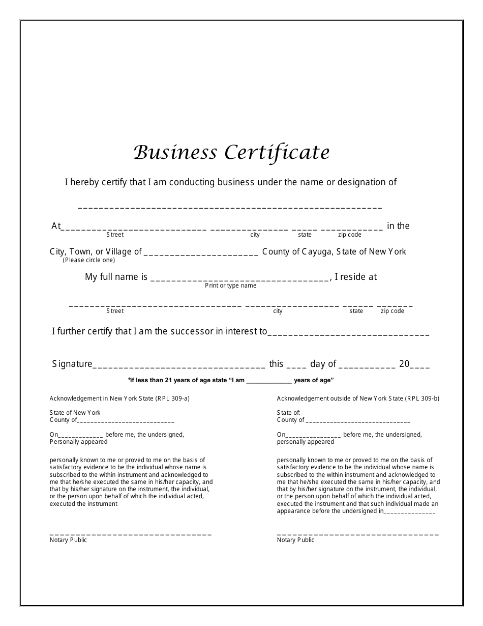 Business Certificate - Cayuga County, New York, Page 1