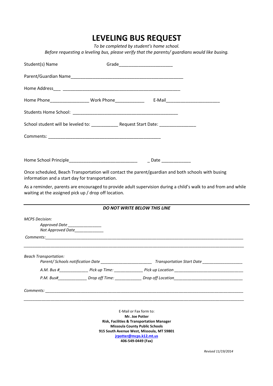 Leveling Bus Request Form - Missoula County Public Schools - Montana, Page 1