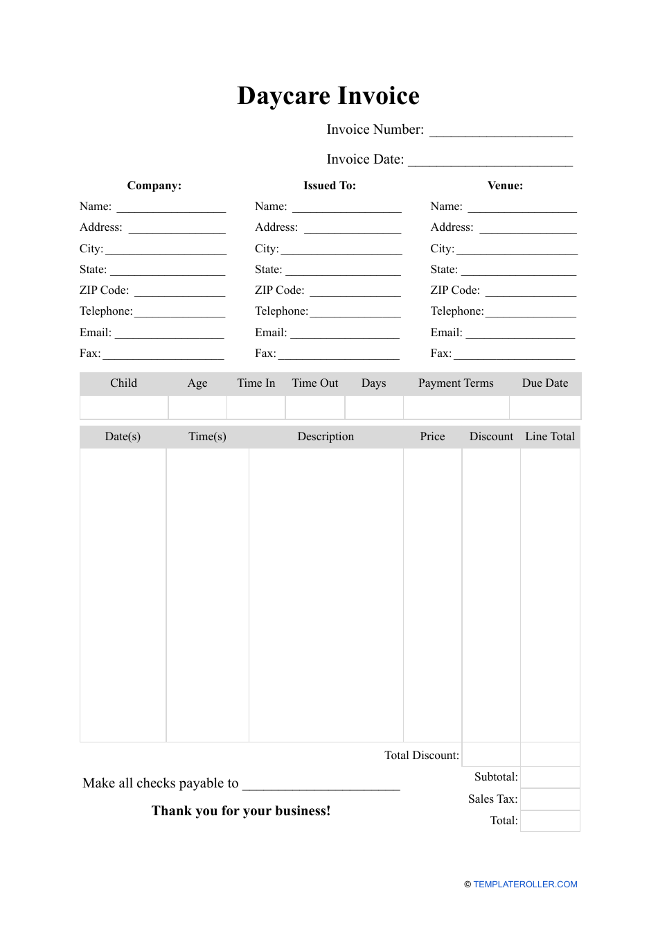 Daycare Invoice Template Download Fillable PDF | Templateroller