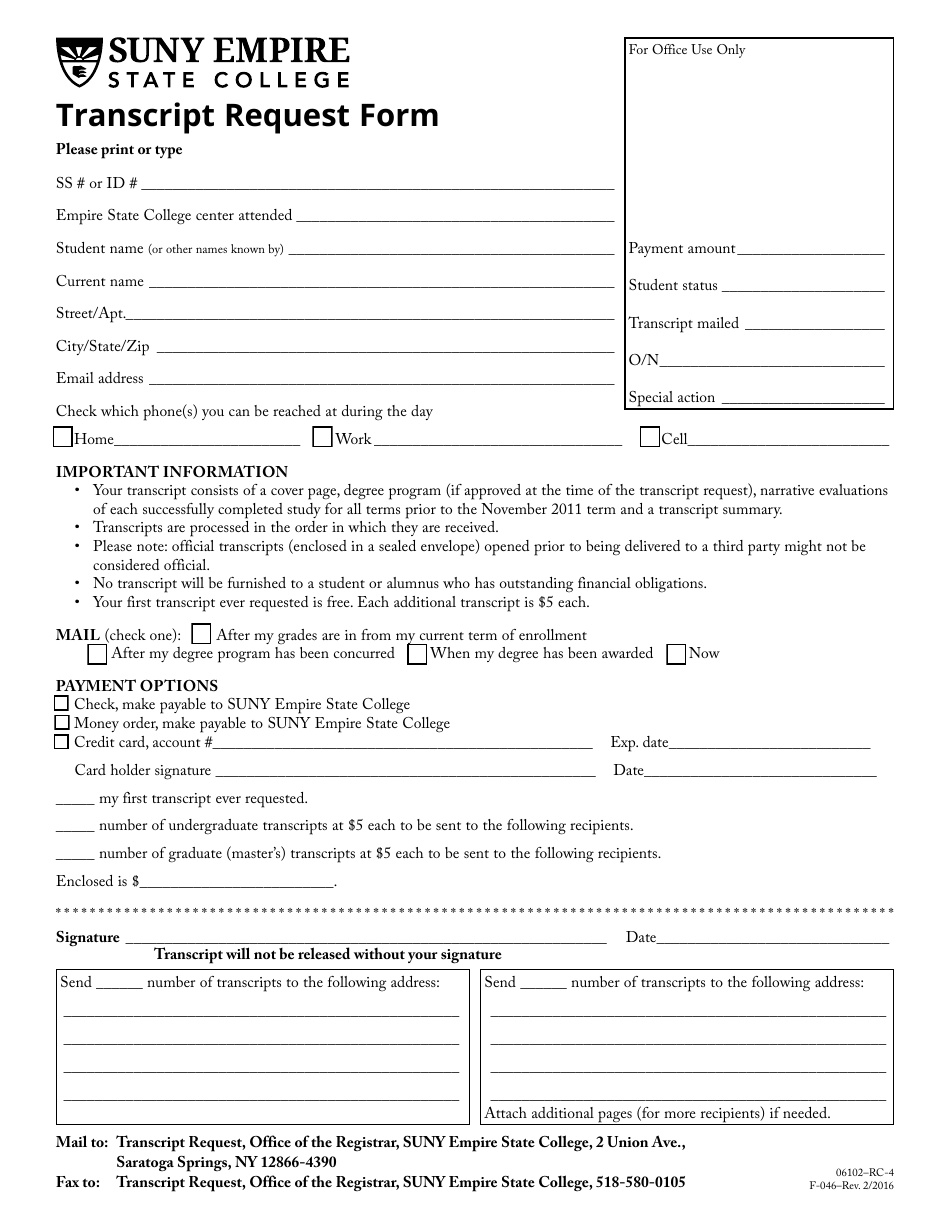 Form F-046 Transcript Request Form - Suny Empire State College - New York, Page 1