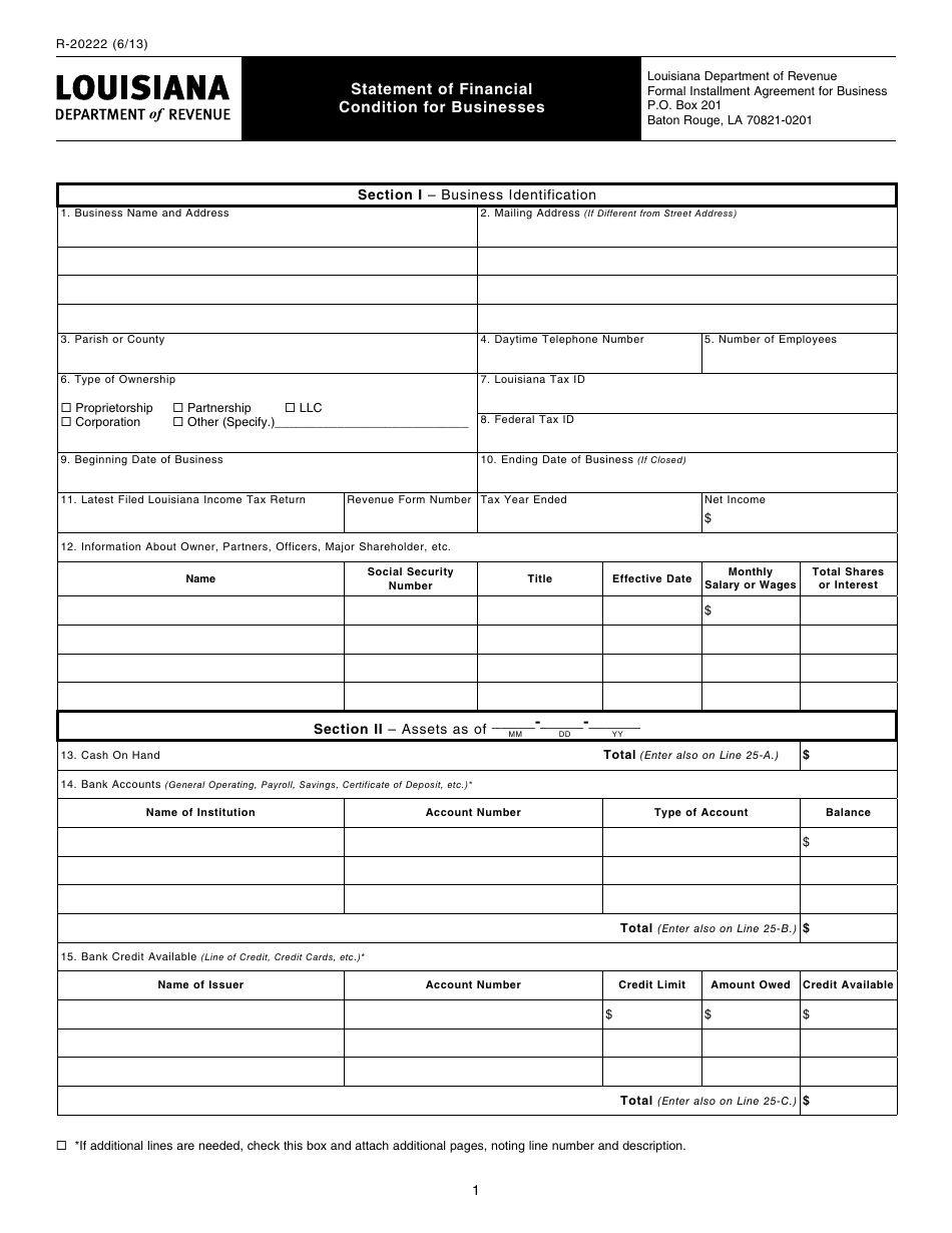 Form R-20222 Statement of Financial Condition for Businesses - Louisiana, Page 1