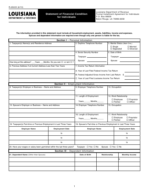 Form R-20223 Statement of Financial Condition for Individuals - Louisiana
