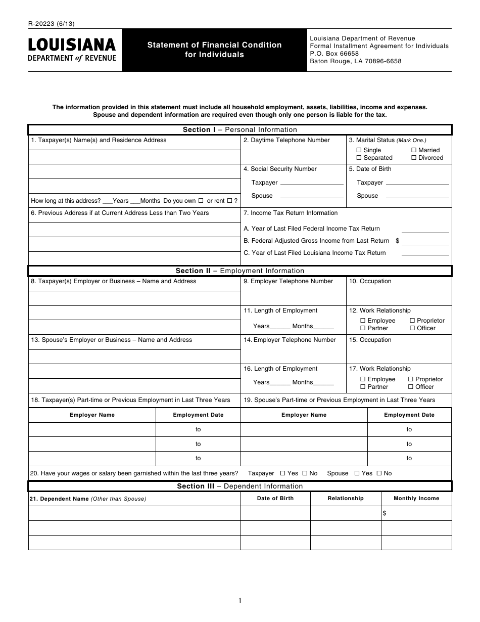 Form R-20223 Statement of Financial Condition for Individuals - Louisiana, Page 1