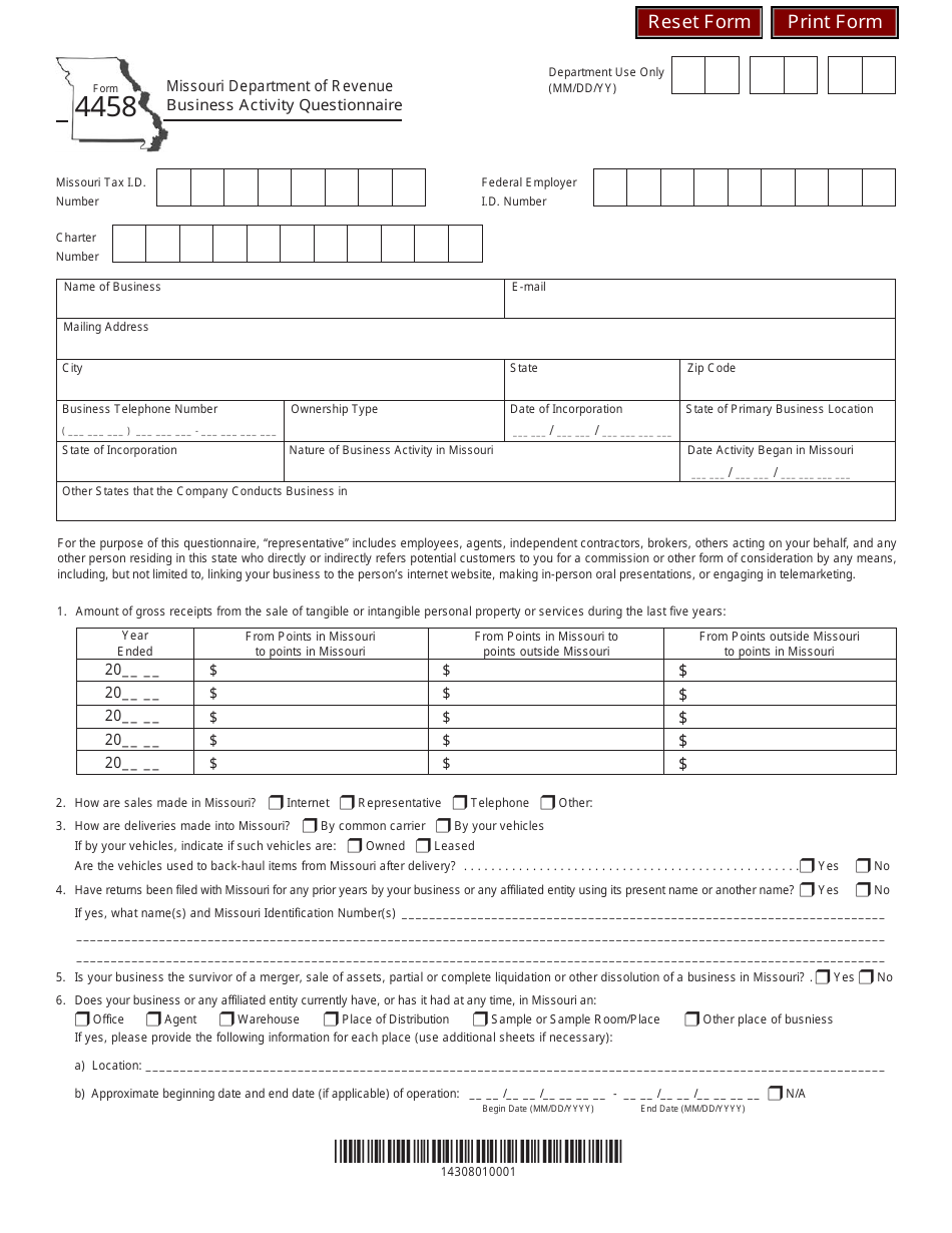 Form 4458 Business Activity Questionnaire - Missouri, Page 1