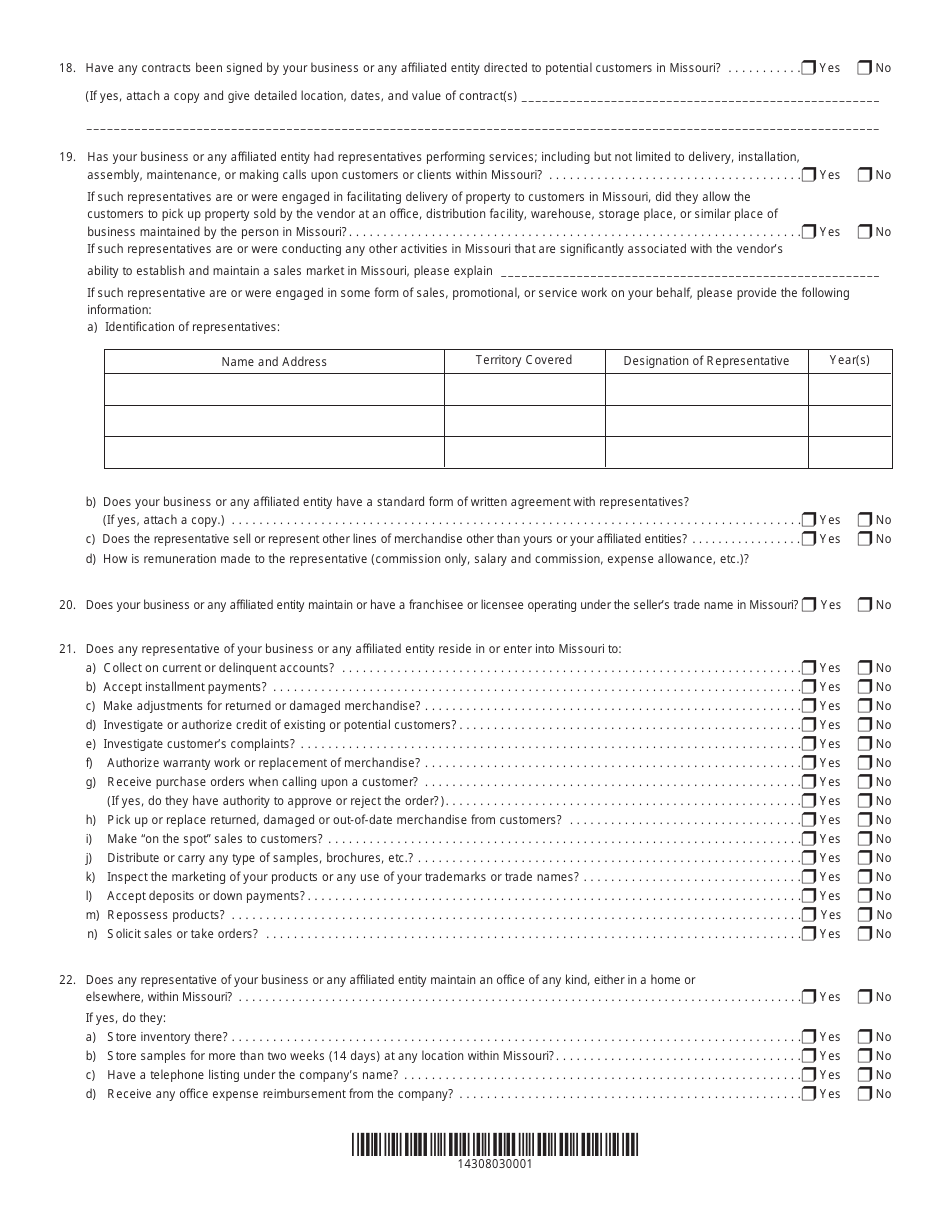 Form 4458 Business Activity Questionnaire - Missouri, Page 3