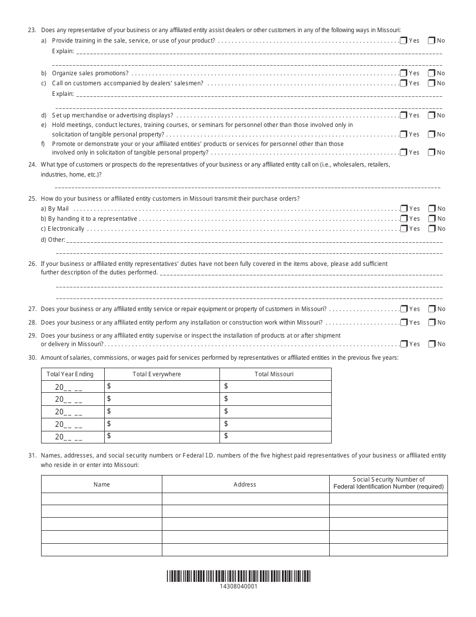 Form 4458 Business Activity Questionnaire - Missouri, Page 4