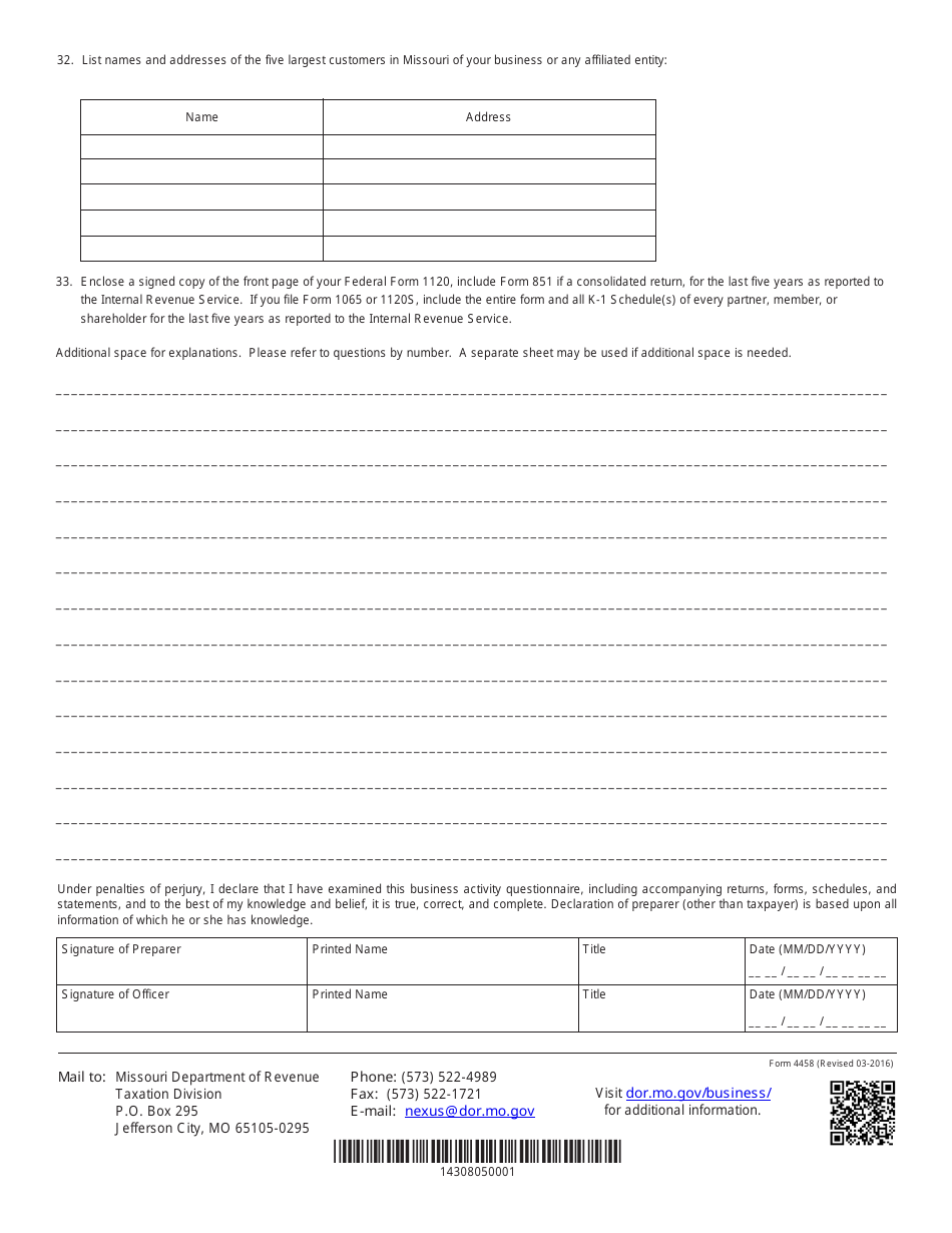 Form 4458 Business Activity Questionnaire - Missouri, Page 5