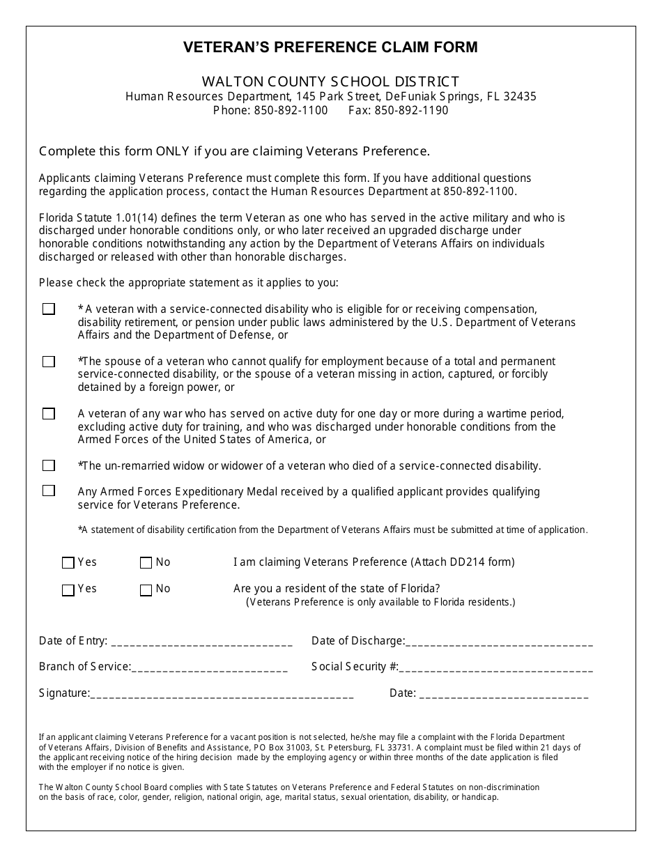 Veterans Preference Claim Form - Walton County School District - Walton County, Florida, Page 1