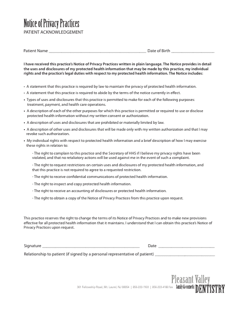 Notice of Privacy Practices Form - Pleasant Valley Download Pdf