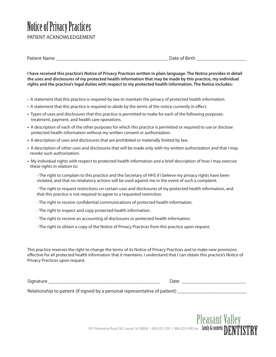 Notice of Privacy Practices Form - Pleasant Valley, Page 1