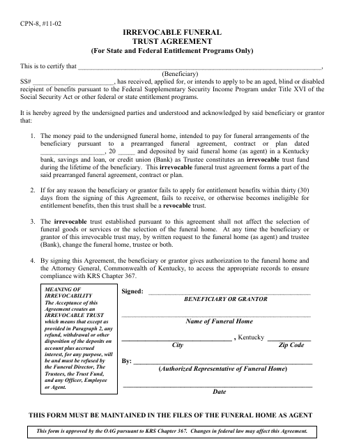 Form CPN-8 Irrevocable Funeral Trust Agreement (For State and Federal Entitlement Programs Only) - Kentucky