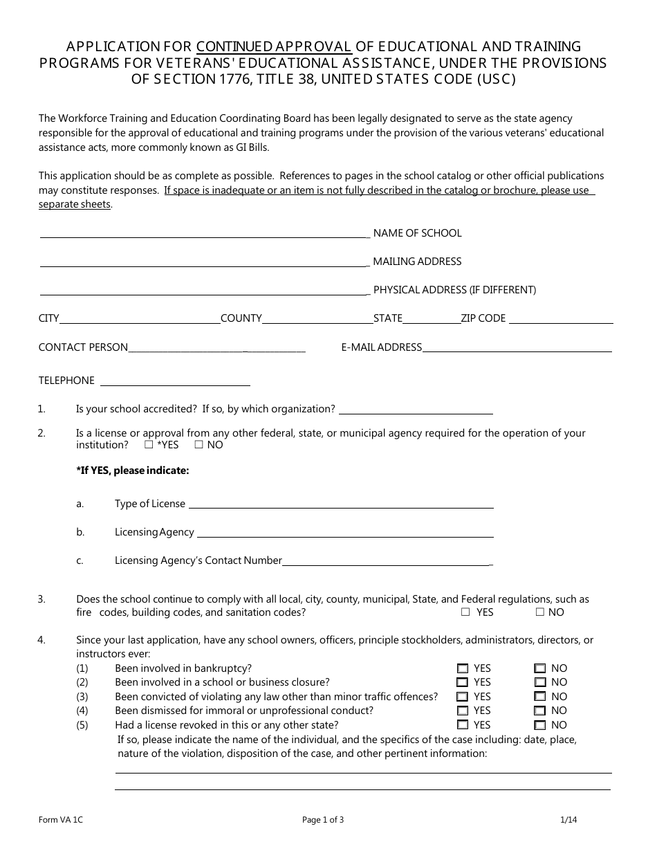 Form VA1C Application for Continued Approval of Educational and Training Programs for Veterans Educational Assistance - Washington, Page 1