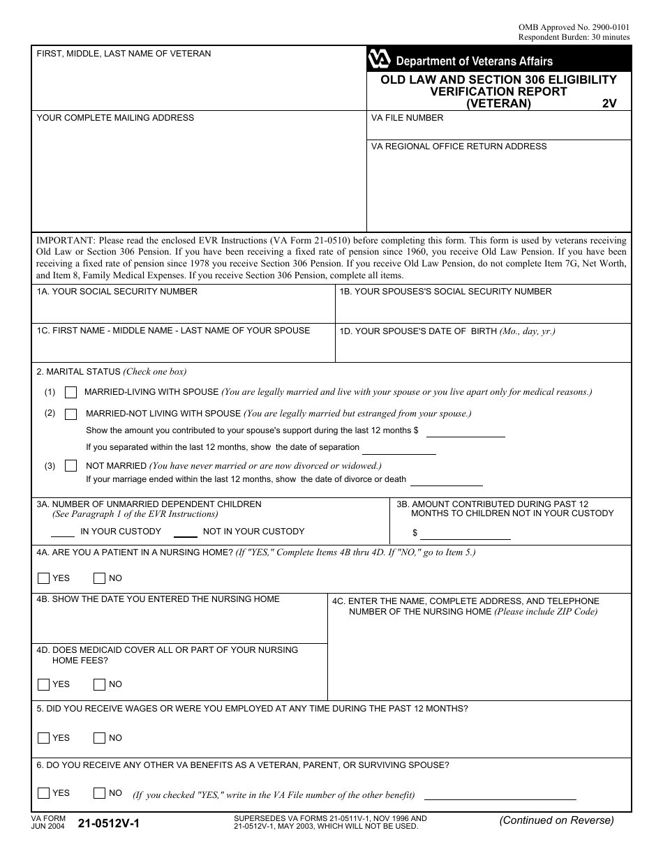 VA Form 21-0512v-1 Old Law and Section 306 Eligibility Verification Report (Veteran), Page 1