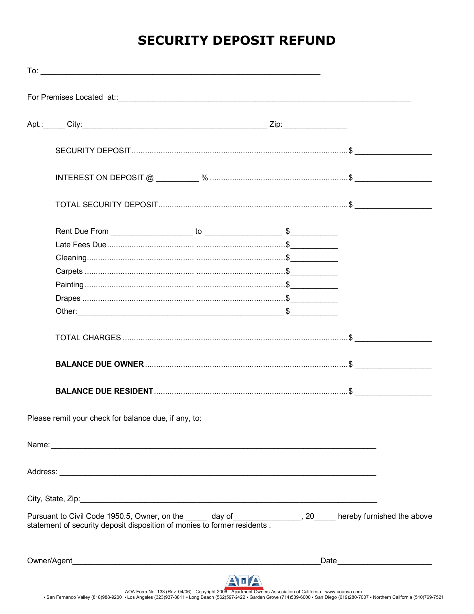 Security Deposit Refund Form - Aqa, Page 1
