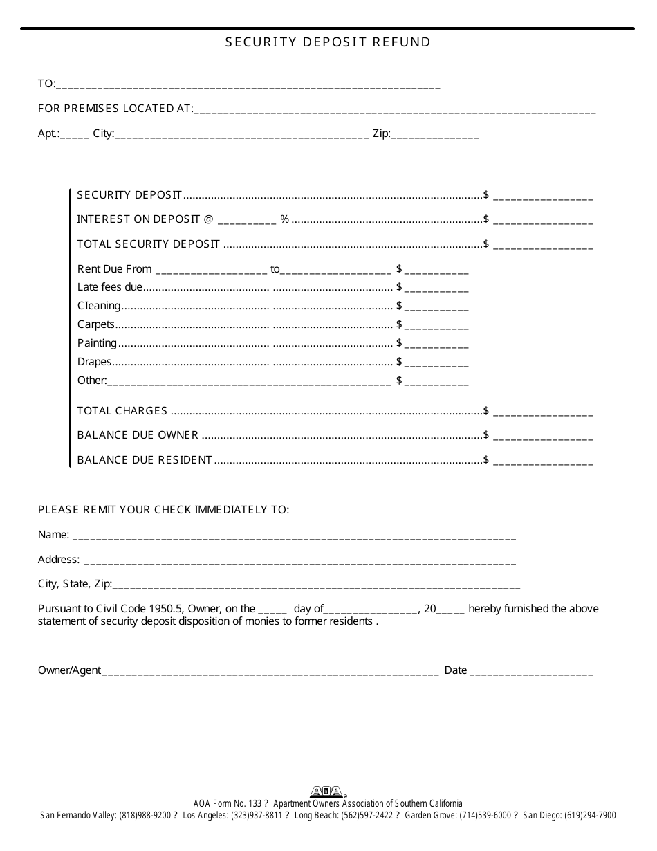Security Deposit Refund Form - Apartment Owners Association of Southern California - South Carolina, Page 1