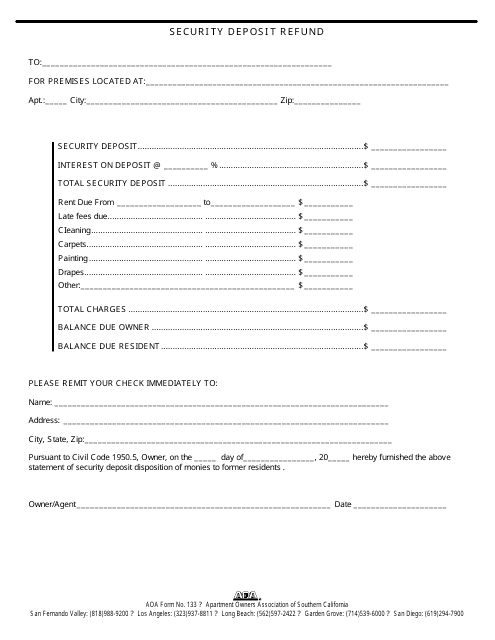 &quot;Security Deposit Refund Form - Apartment Owners Association of Southern California&quot; - South Carolina Download Pdf
