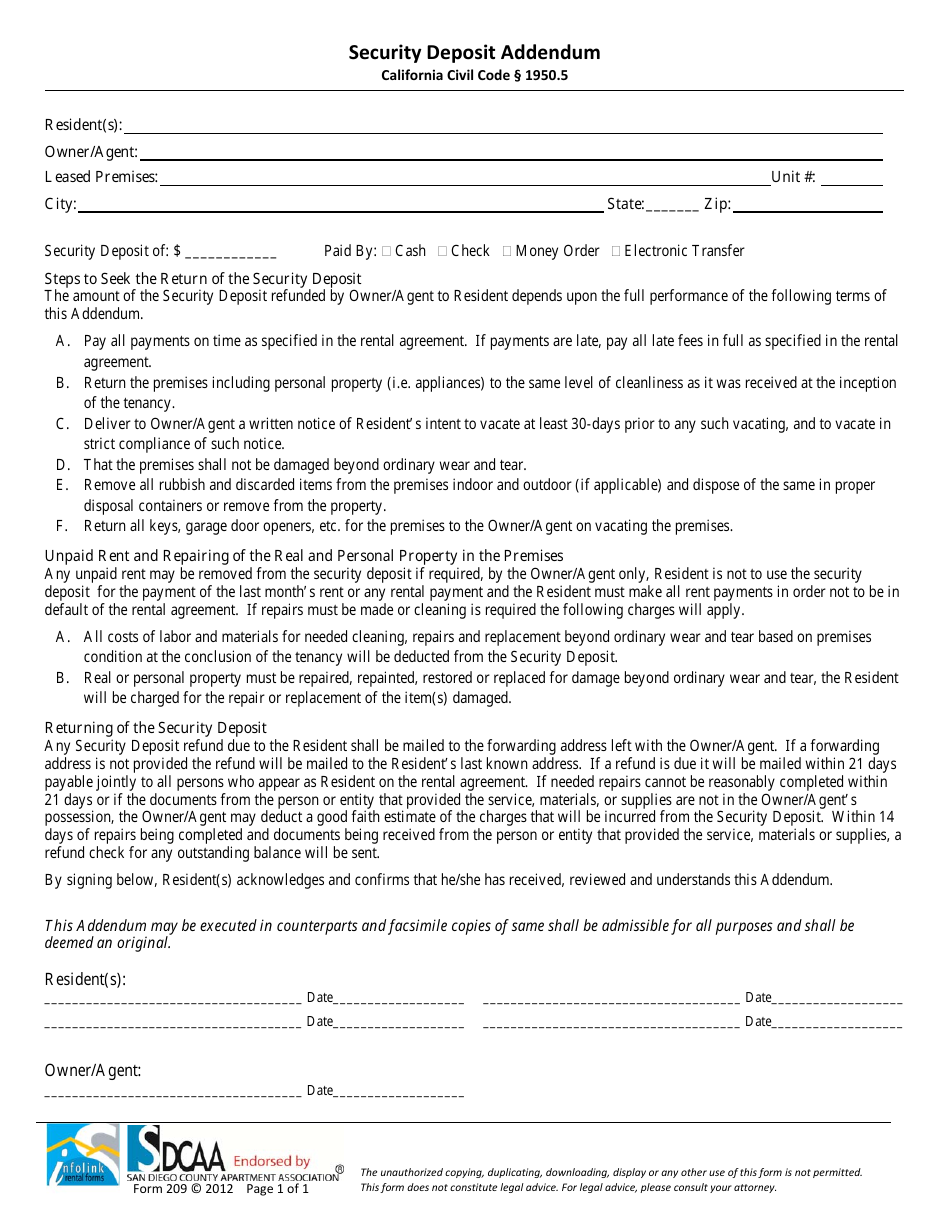 Form 209 Security Deposit Addendum - San Diego County Apartment Association - San Diego, California, Page 1