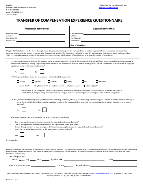 Form C-38 Transfer of Compensation Experience Questionnaire - Texas
