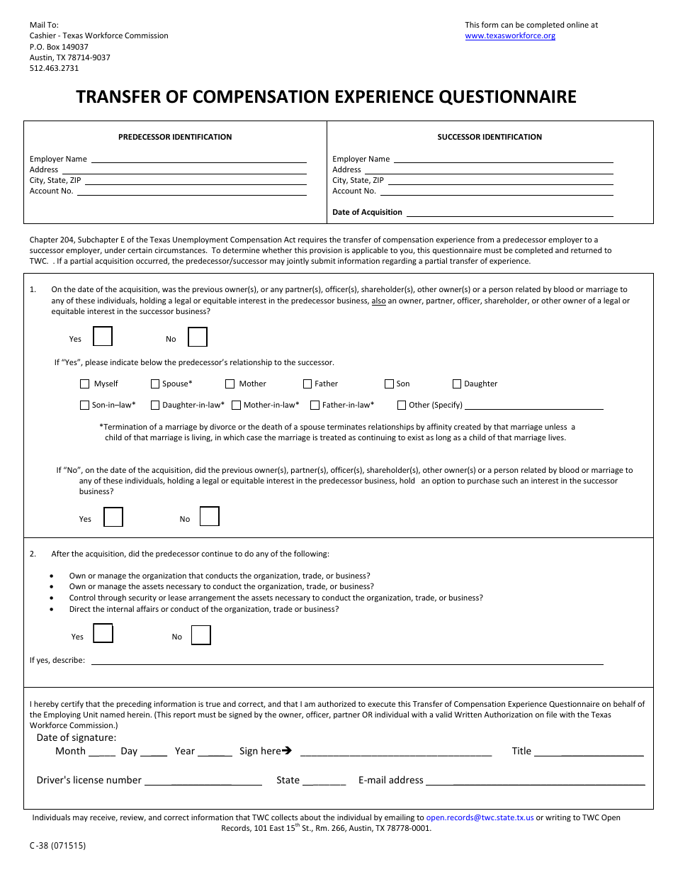 Form C-38 Transfer of Compensation Experience Questionnaire - Texas, Page 1