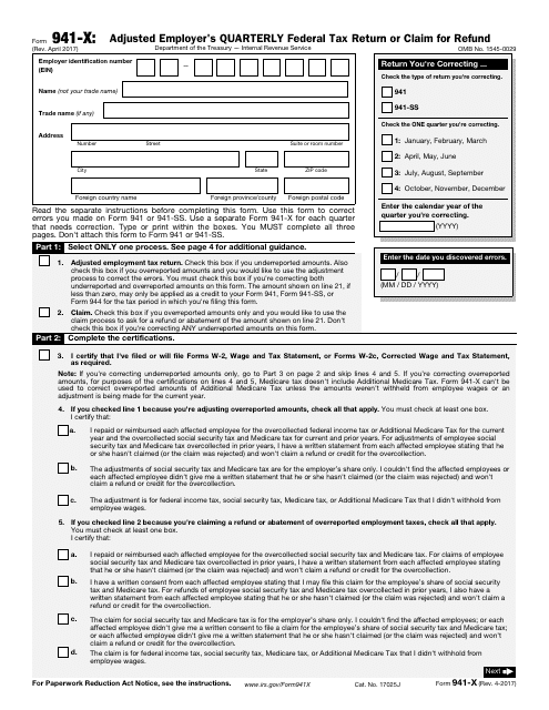 IRS Form 941-X  Printable Pdf