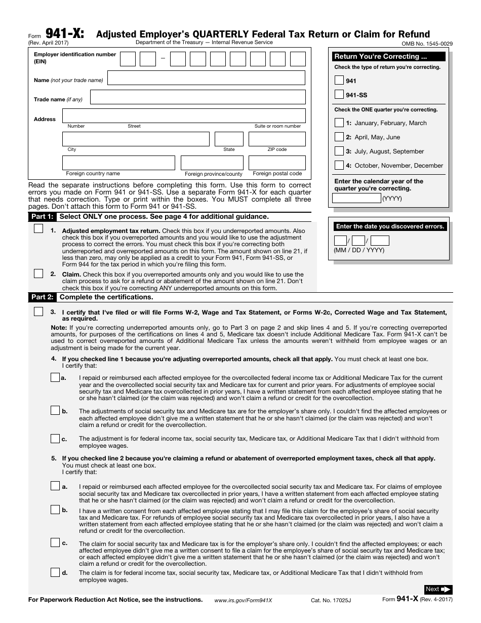 IRS Form 941-X Adjusted Employer's Quarterly Federal Tax Return or Claim for Refund, Page 1