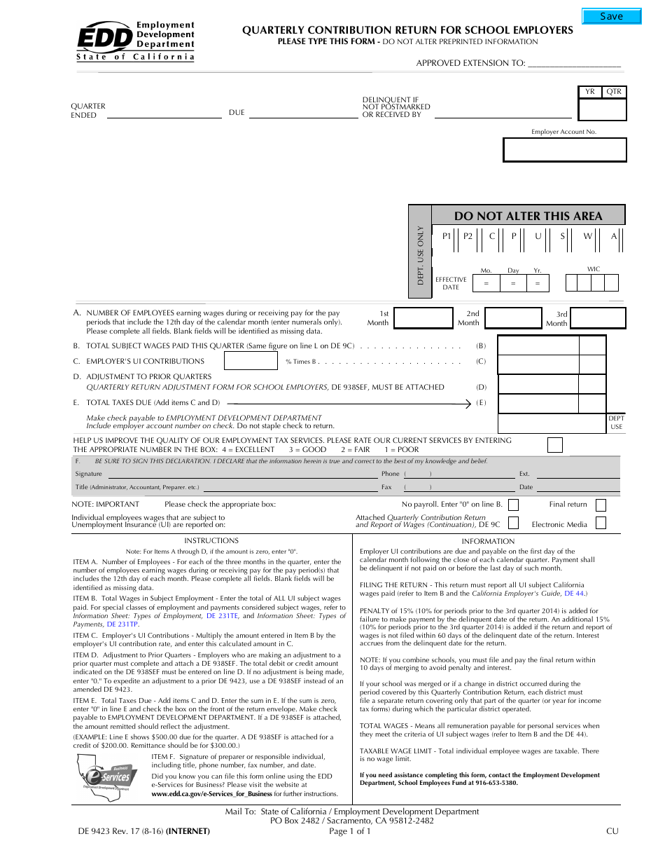 Form DE-9423 Quarterly Contribution Return for School Employers - California, Page 1