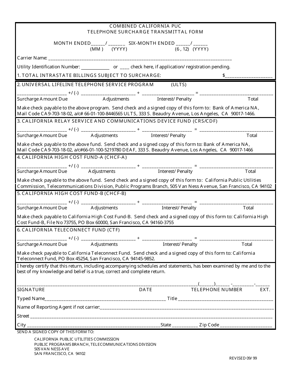 Combined California Puc -telephone Surcharge Transmittal Form - California, Page 1