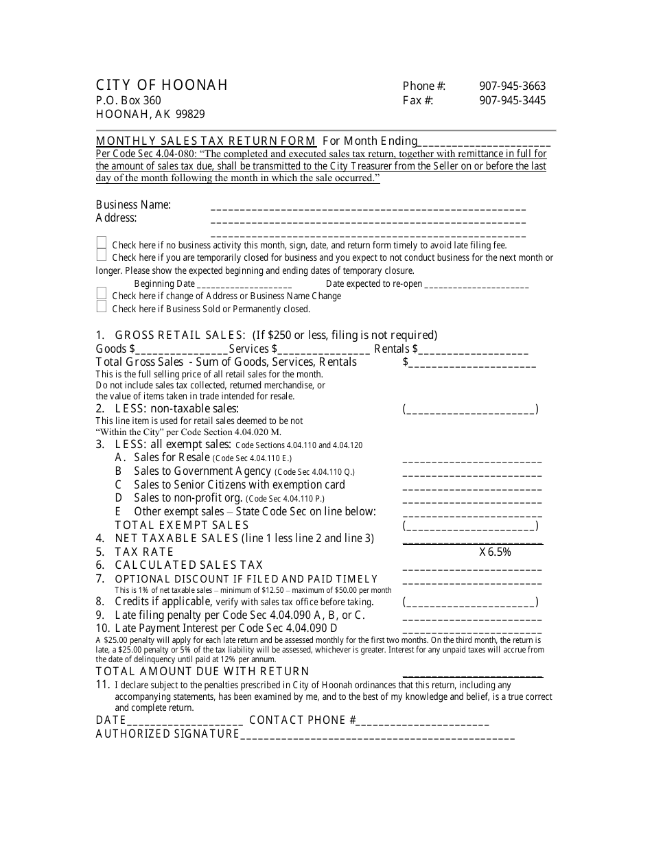 Monthly Sales Tax Return Form - City of Hoonah, Alaska, Page 1