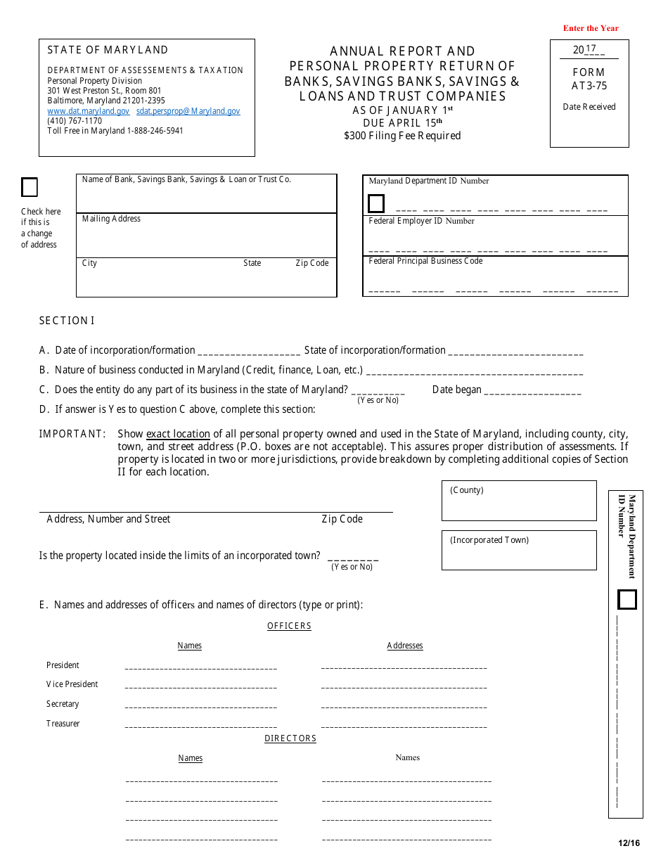 Form AT3-75 Annual Report and Personal Property Return of Banks, Savings Banks, Savings  Loans and Trust Companies - Maryland, Page 1