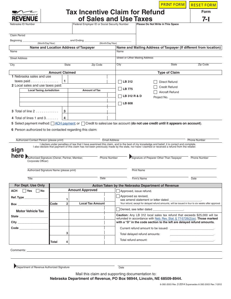 Form 7-I Tax Incentive Claim for Refund of Sales and Use Taxes - Nebraska, Page 1