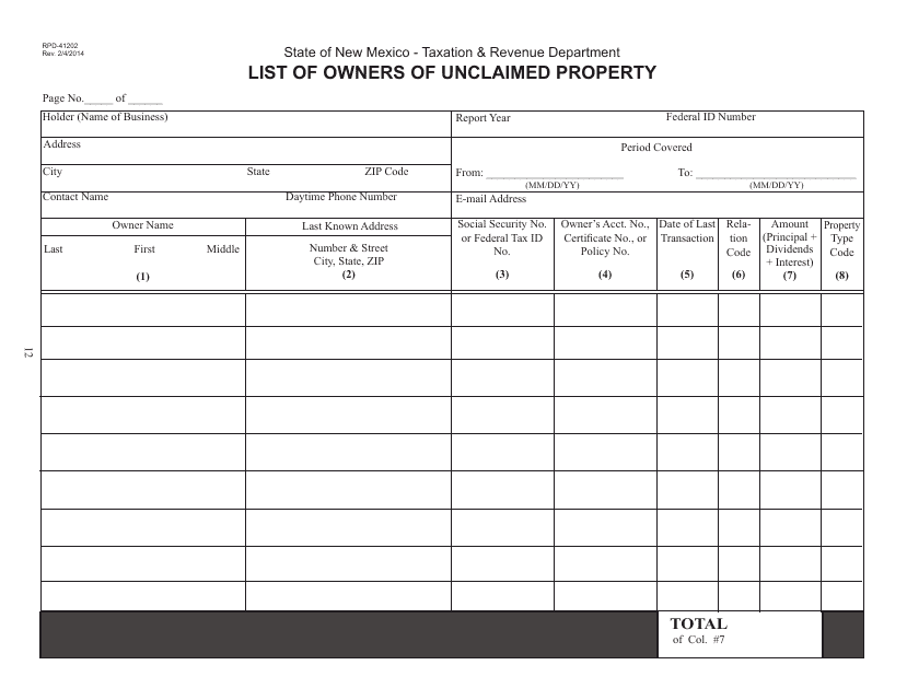 Form RPD-41202 List of Owners of Unclaimed Property - New Mexico