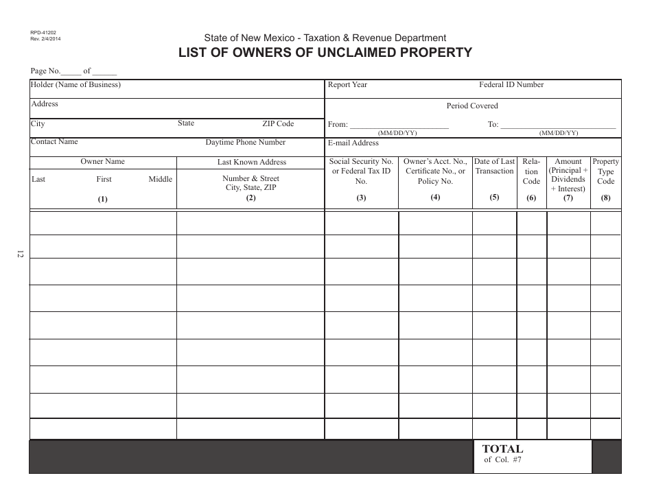 Form RPD-41202 List of Owners of Unclaimed Property - New Mexico, Page 1