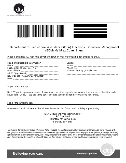 Electronic Document Management (Edm) Mail/Fax Cover Sheet - Massachusetts