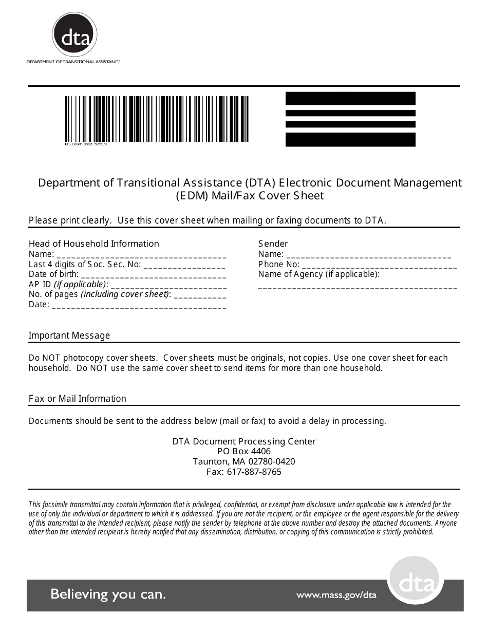 Electronic Document Management (Edm) Mail / Fax Cover Sheet - Massachusetts, Page 1